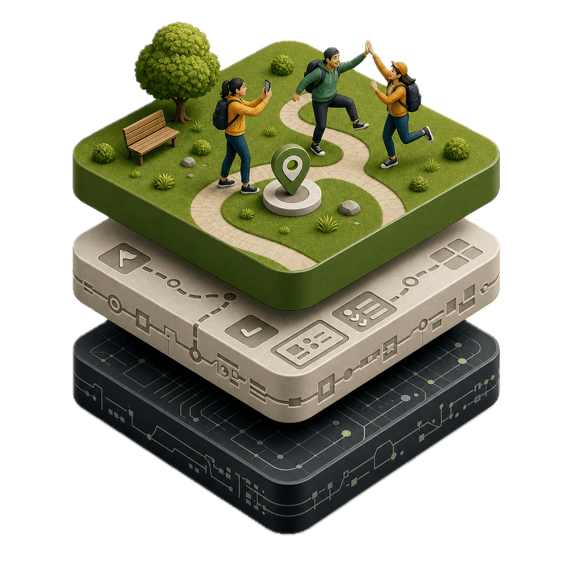 Hunt Stack — three stacked tiles representing the platform