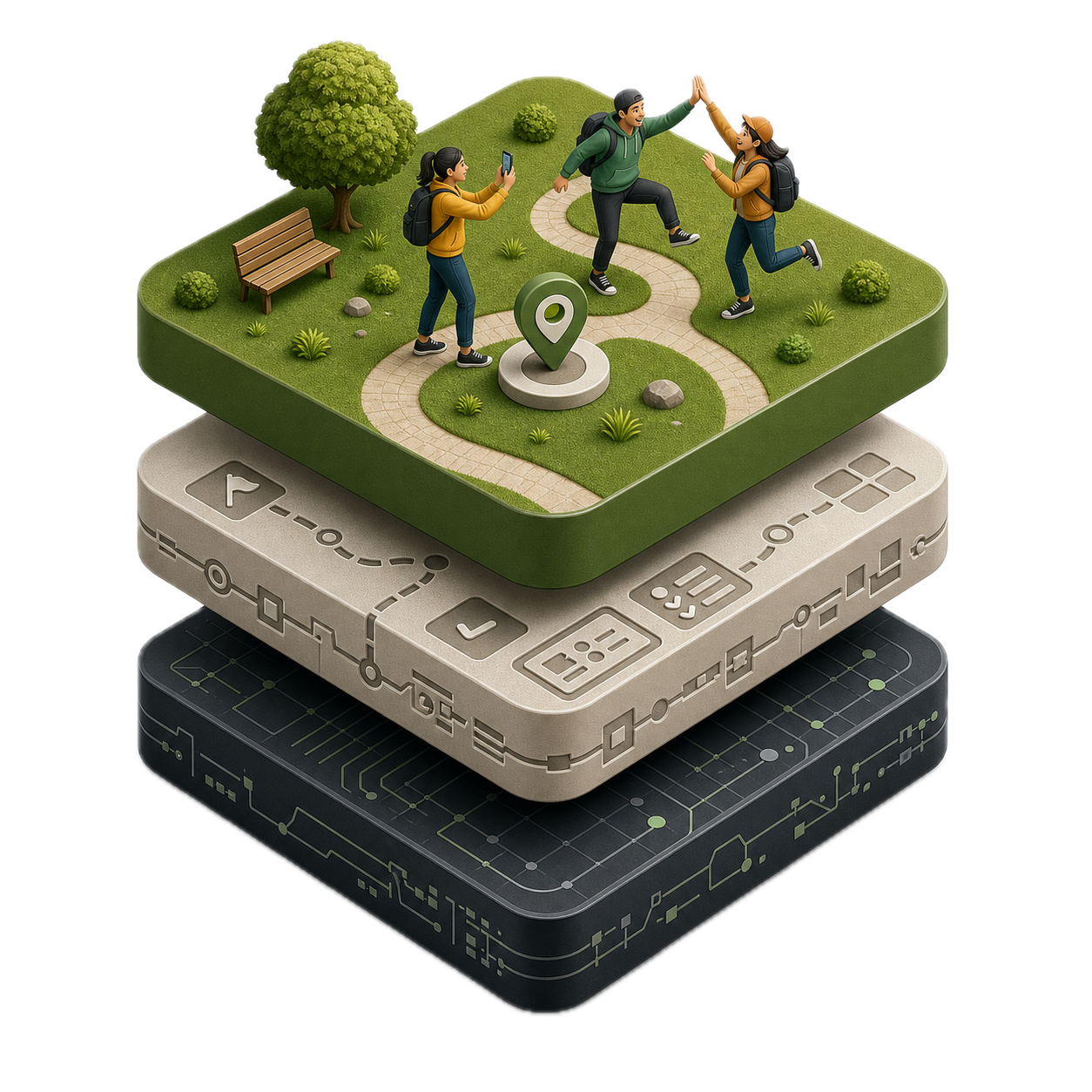 Hunt Stack — three stacked tiles representing the platform
